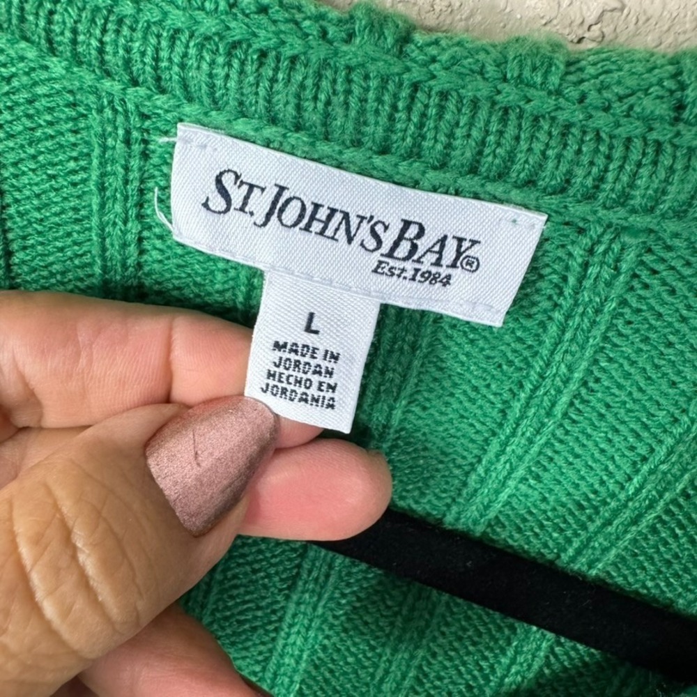 St. John's Bay Cable Knit Hooded Cardigan Sweater Women L Green Preppy Old Money - Picture 4 of 12